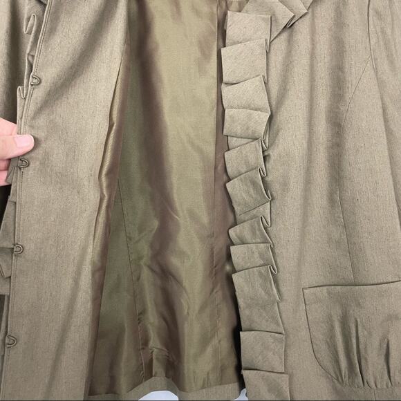 Classiques Entier | Brown Linen Blend Pleated Ruffle Trim Classy Office Jacket - Picture 6 of 10